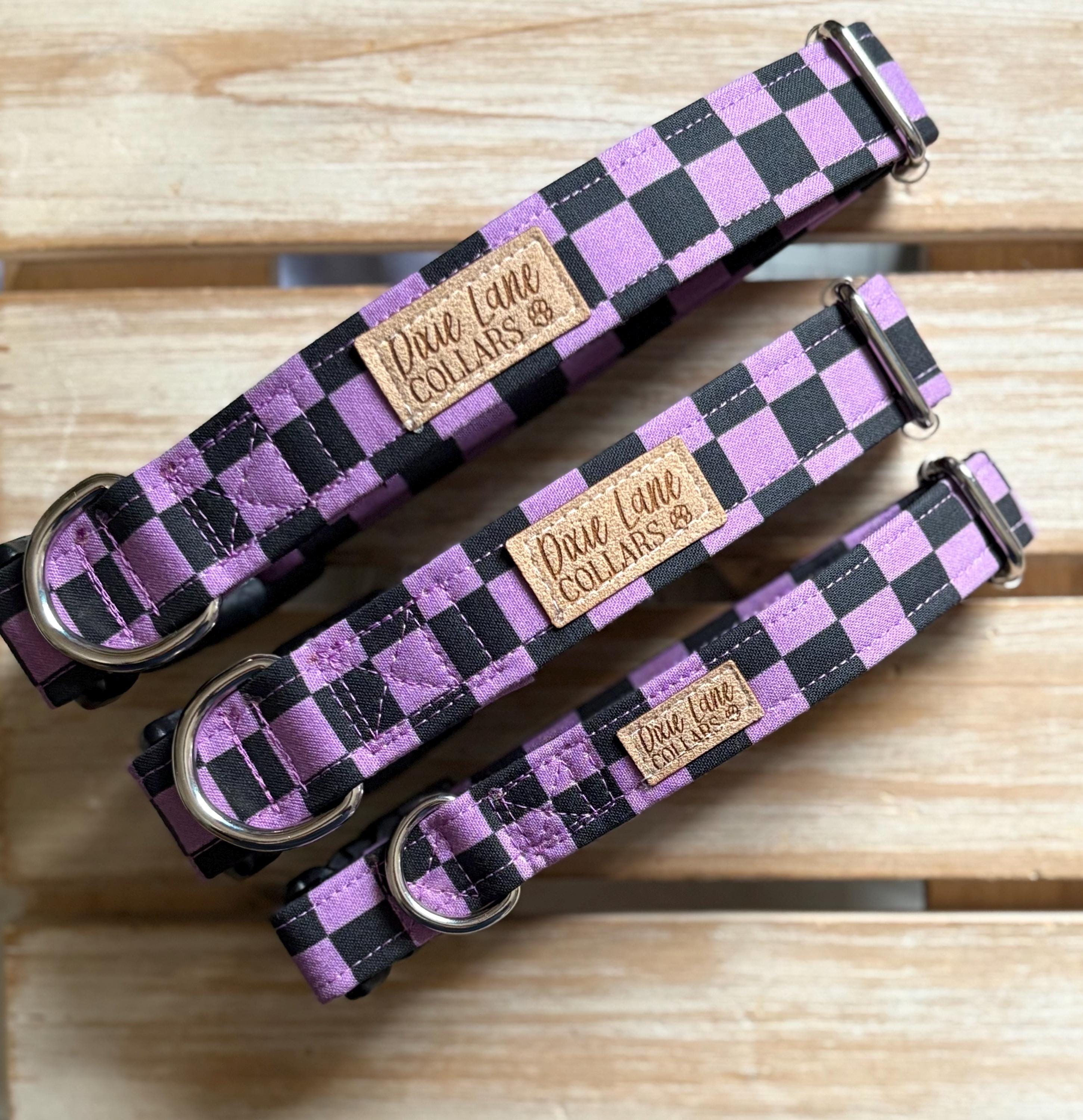 Purple and Black Checker Dog Collar