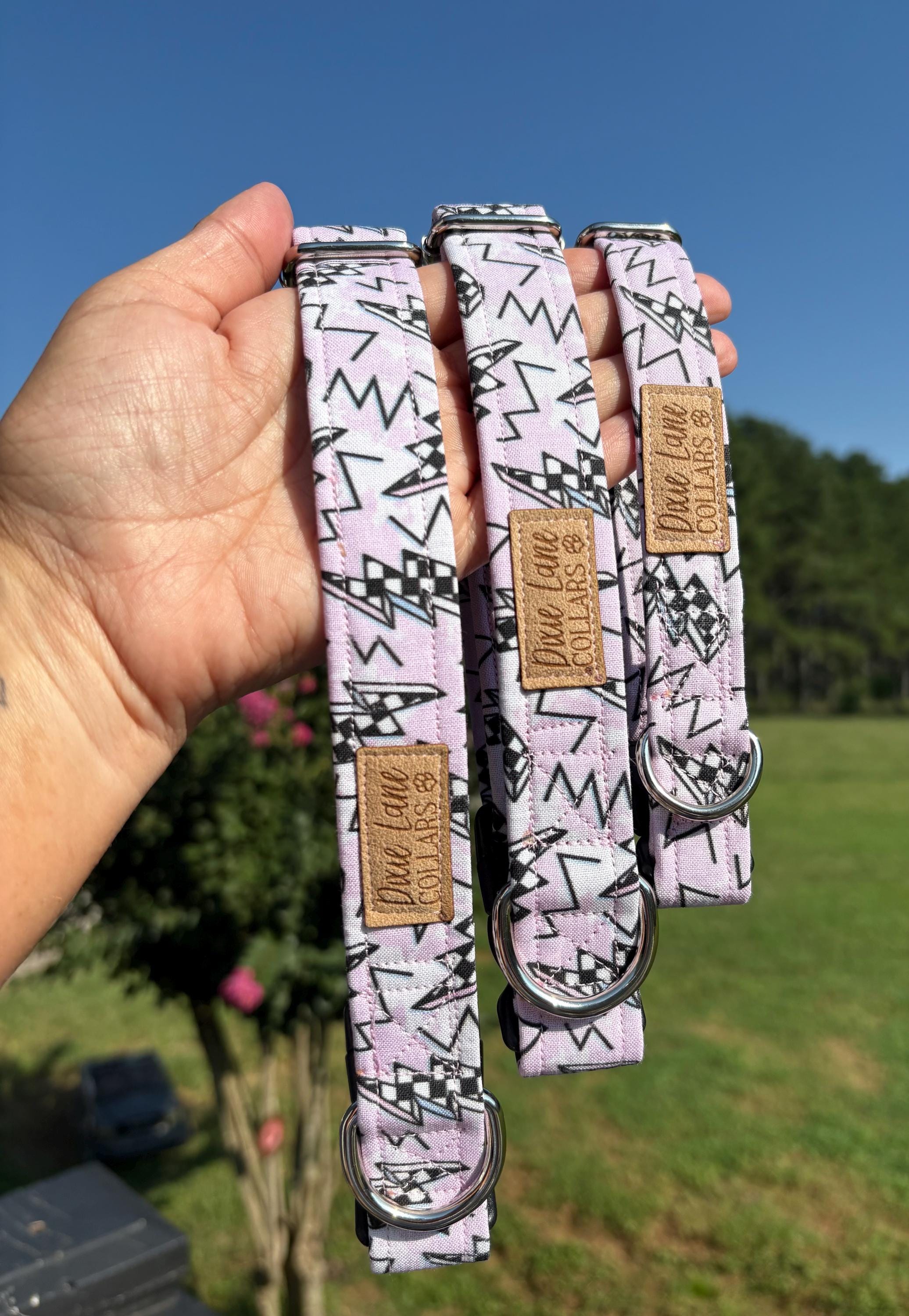 Pink Checkered Lightning Bolts Dog Collar