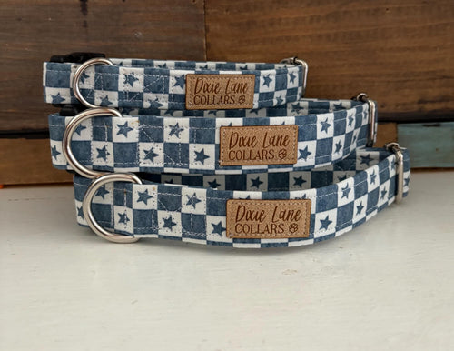 Checkered Stars Denim Print Dog Collar