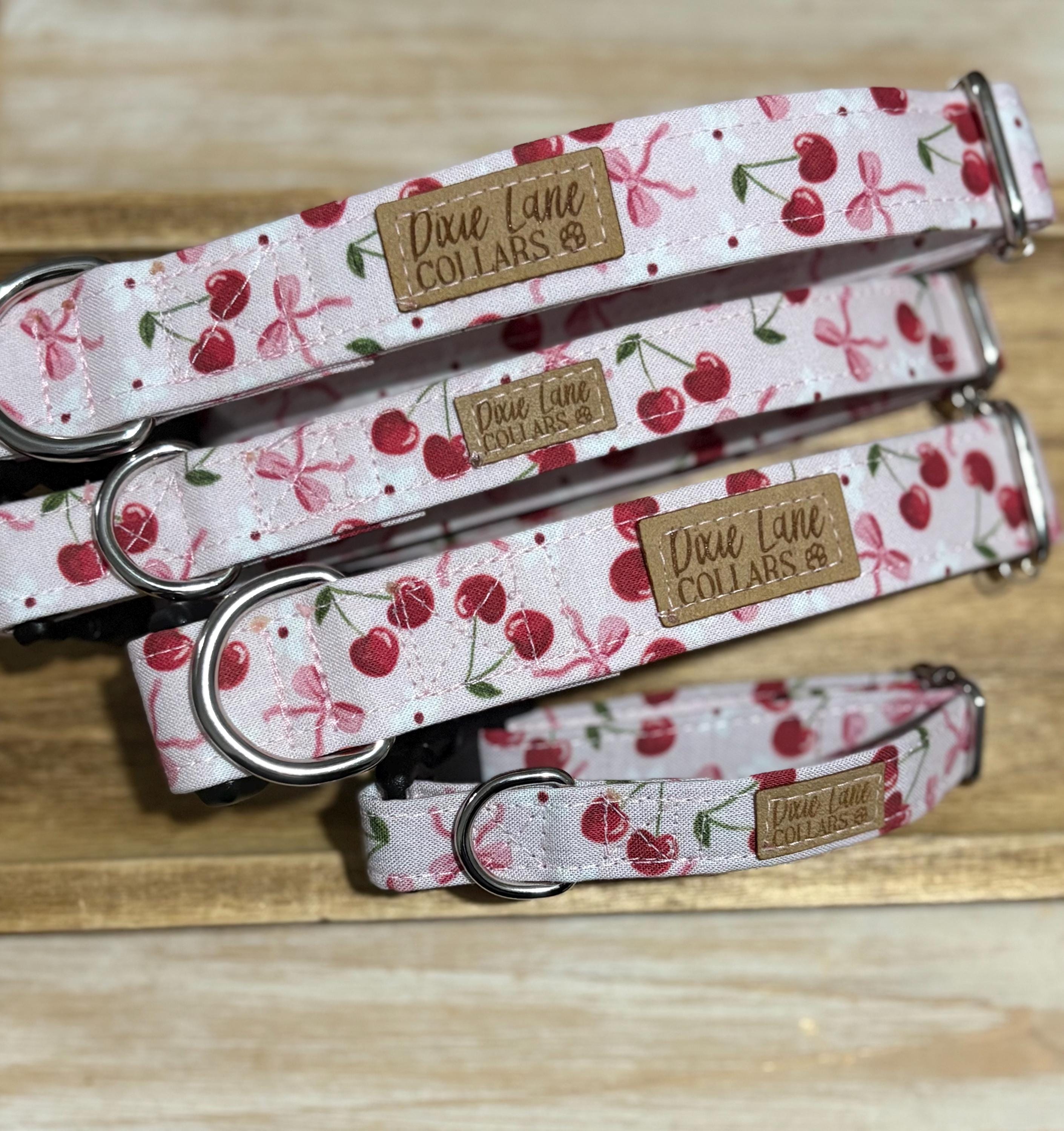 Pink Cherry and Bows Floral Dog Collar