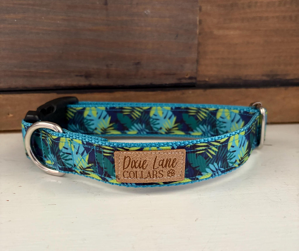 Teal Green Monstera Ribbon Dog Collar