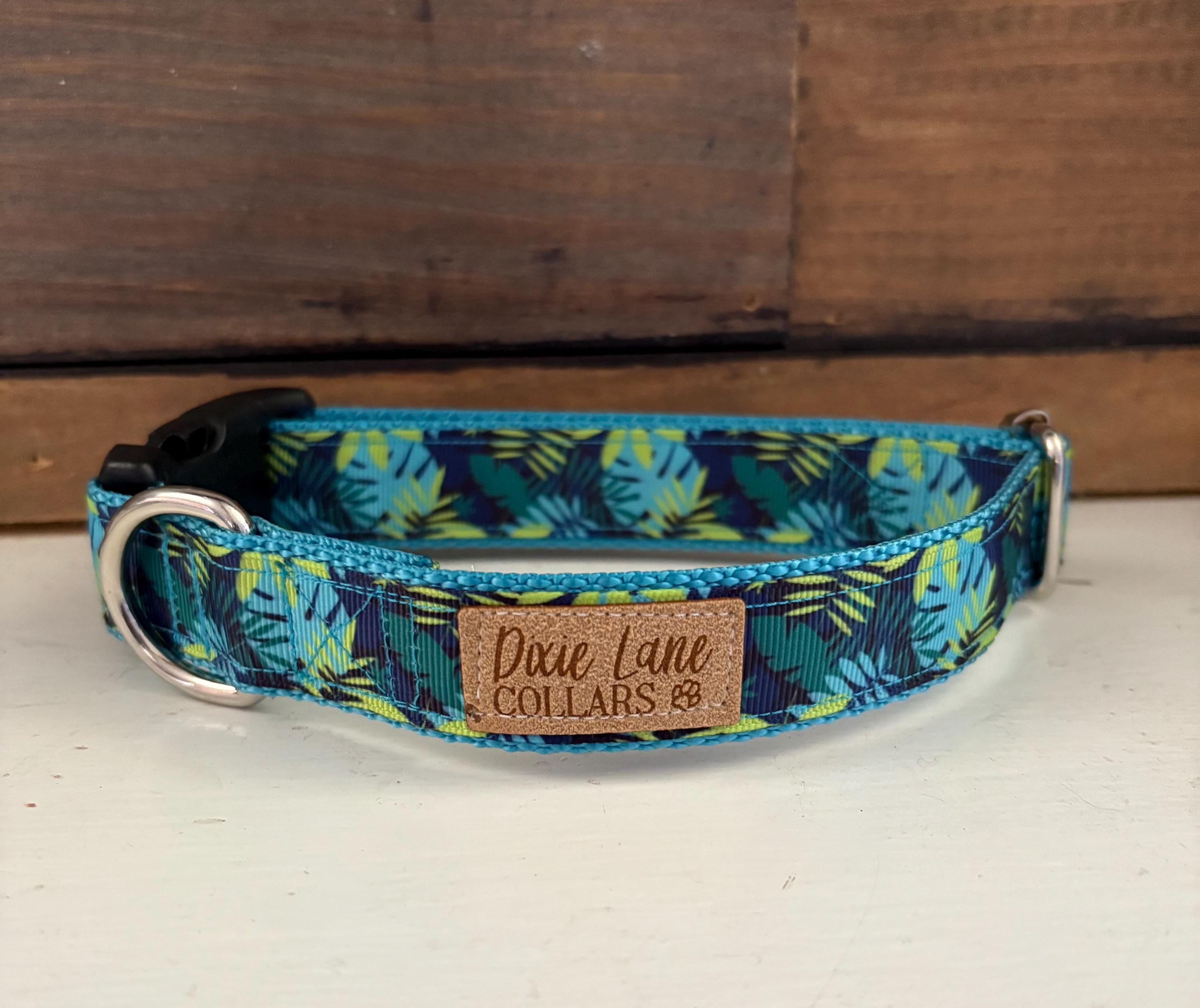 Teal Green Monstera Ribbon Dog Collar