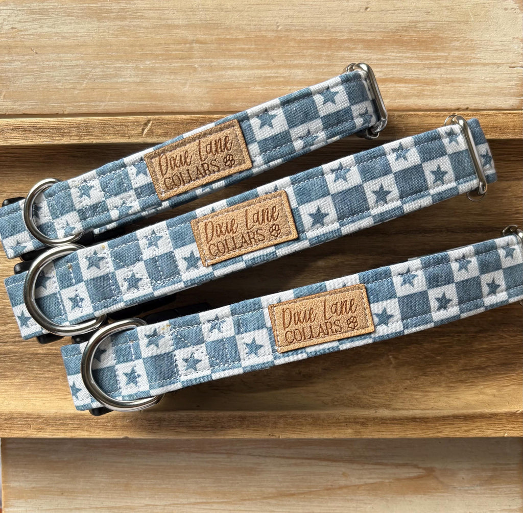 Checkered Stars Denim Print Dog Collar