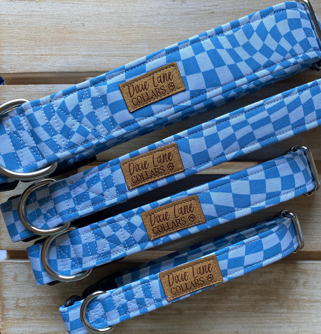 Blue Wavy Racing Checker Dog Collar