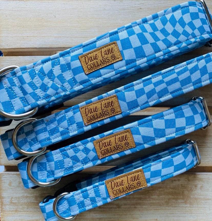 Blue Wavy Racing Checker Dog Collar
