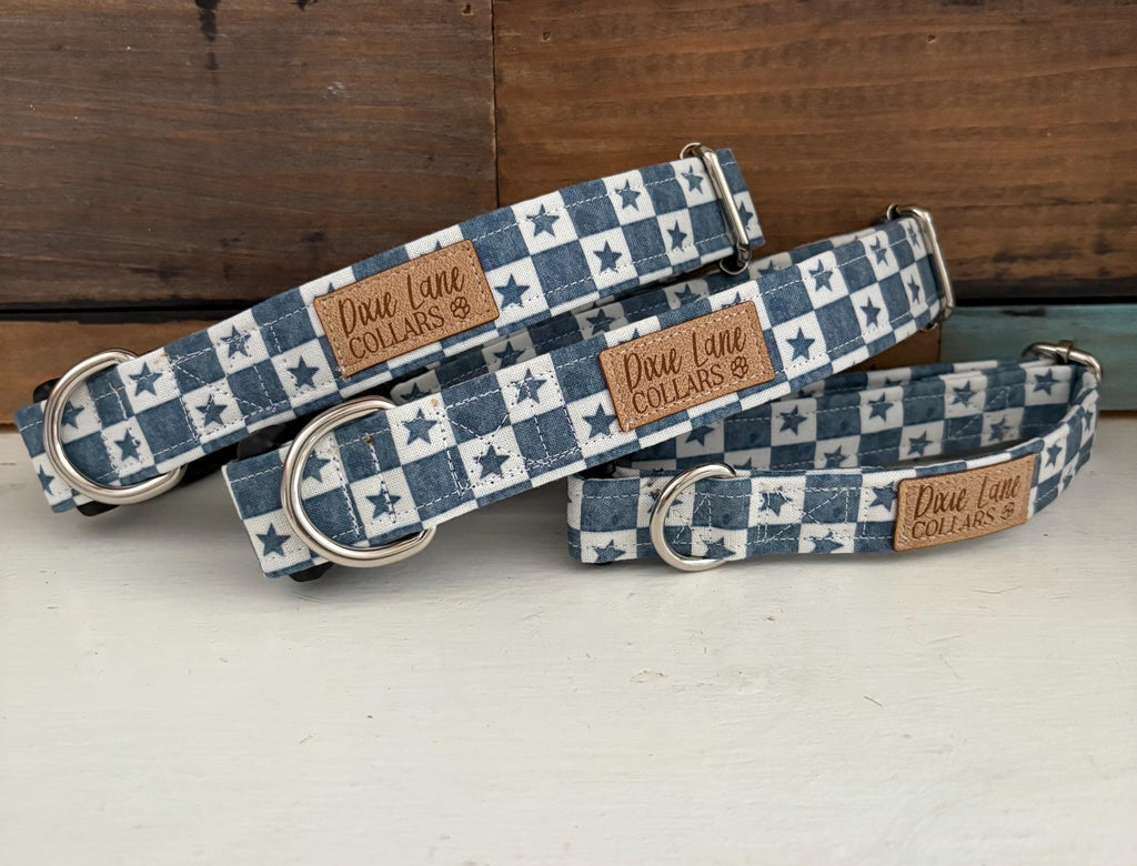 Checkered Stars Denim Print Dog Collar