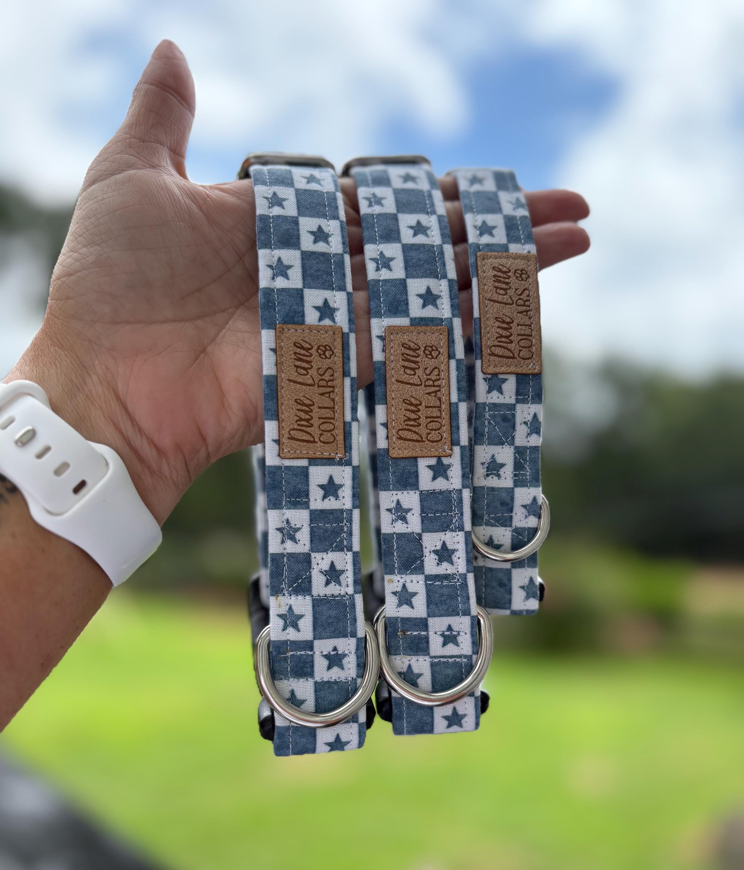 Checkered Stars Denim Print Dog Collar