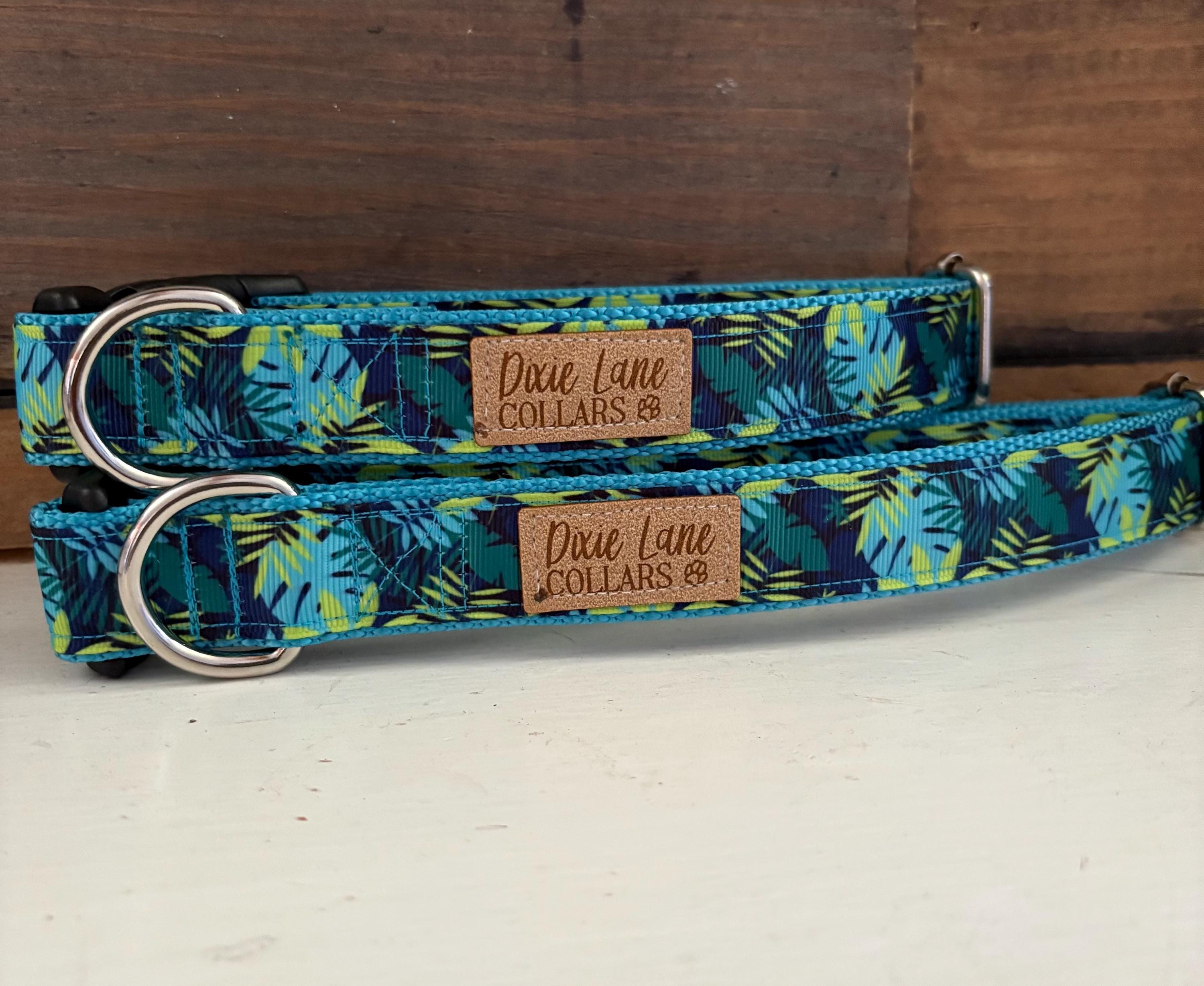 Teal Green Monstera Ribbon Dog Collar