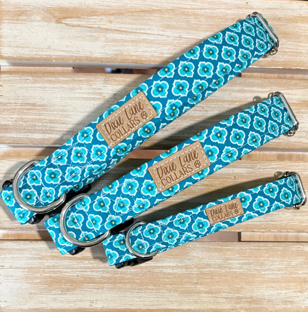 Teal Medallion Floral Print Dog Collar