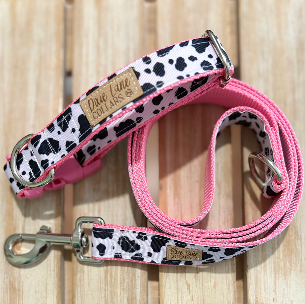 Pink Cow Print Dog Collar and Leash Set