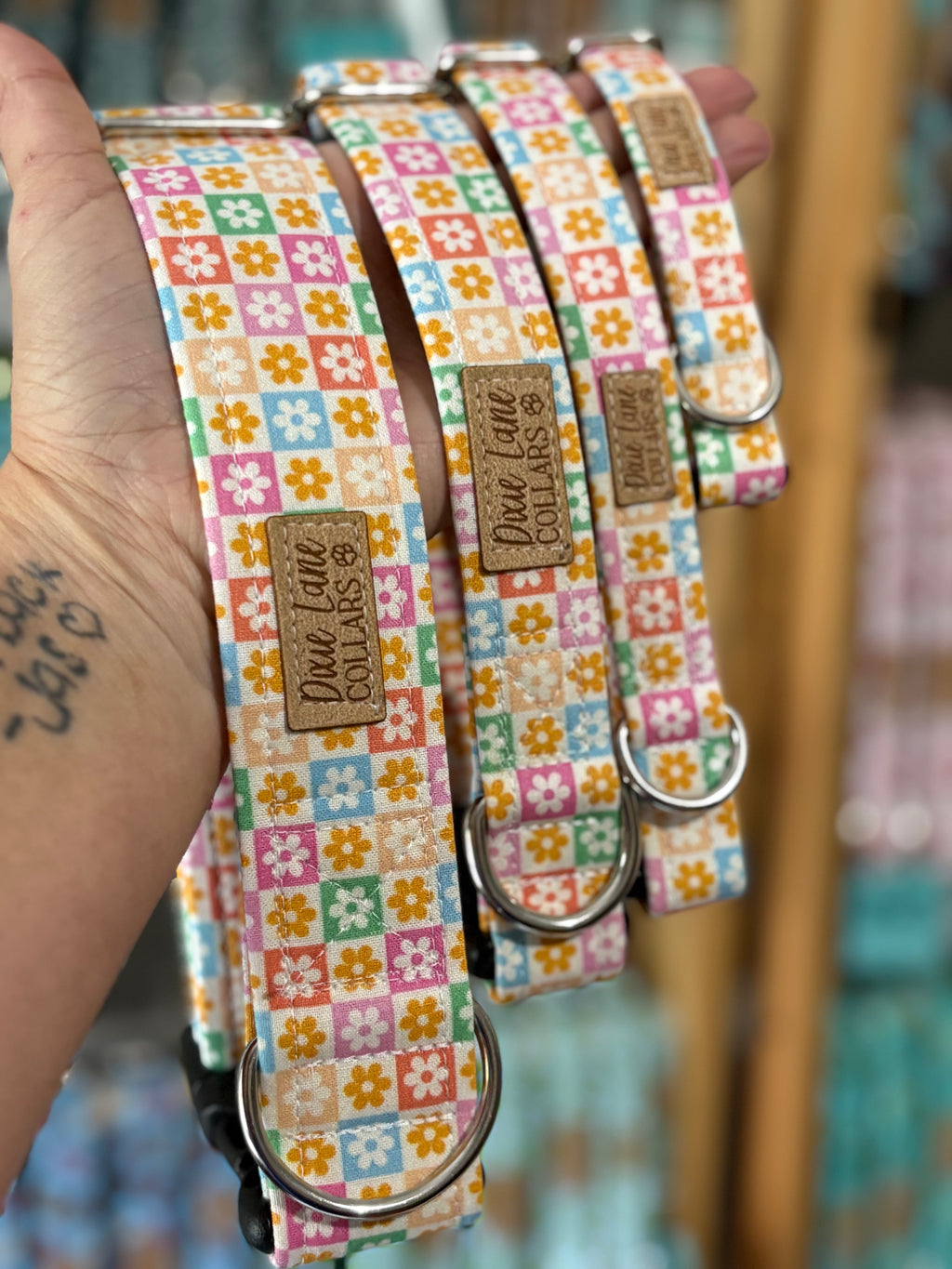 Pastel Retro Floral Checkered Dog Collar