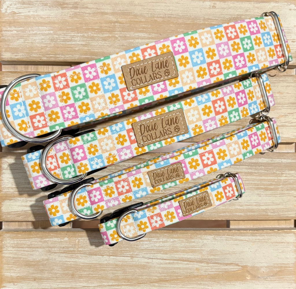 Pastel Retro Floral Checkered Dog Collar