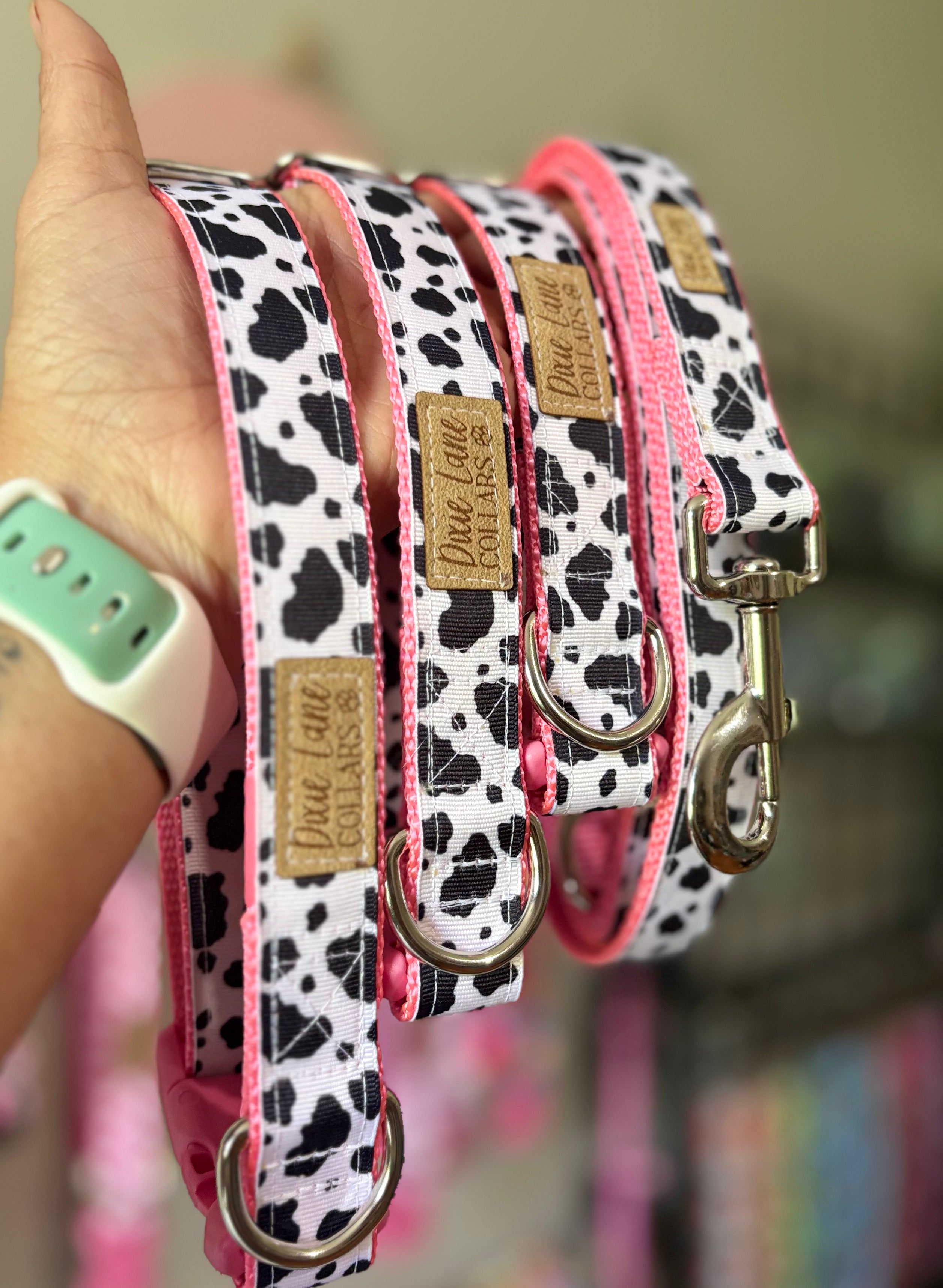 Pink Cow Print Dog Collar and Leash Set