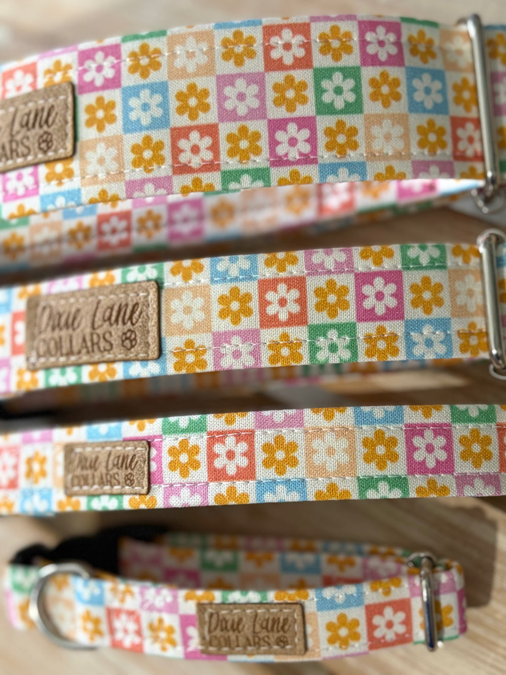 Pastel Retro Floral Checkered Dog Collar