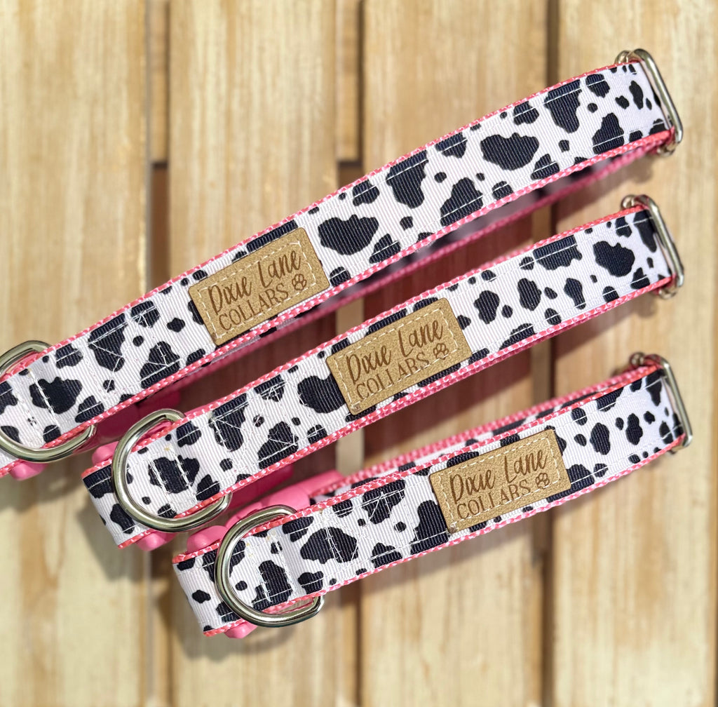 Pink Cow Print Dog Collar and Leash Set