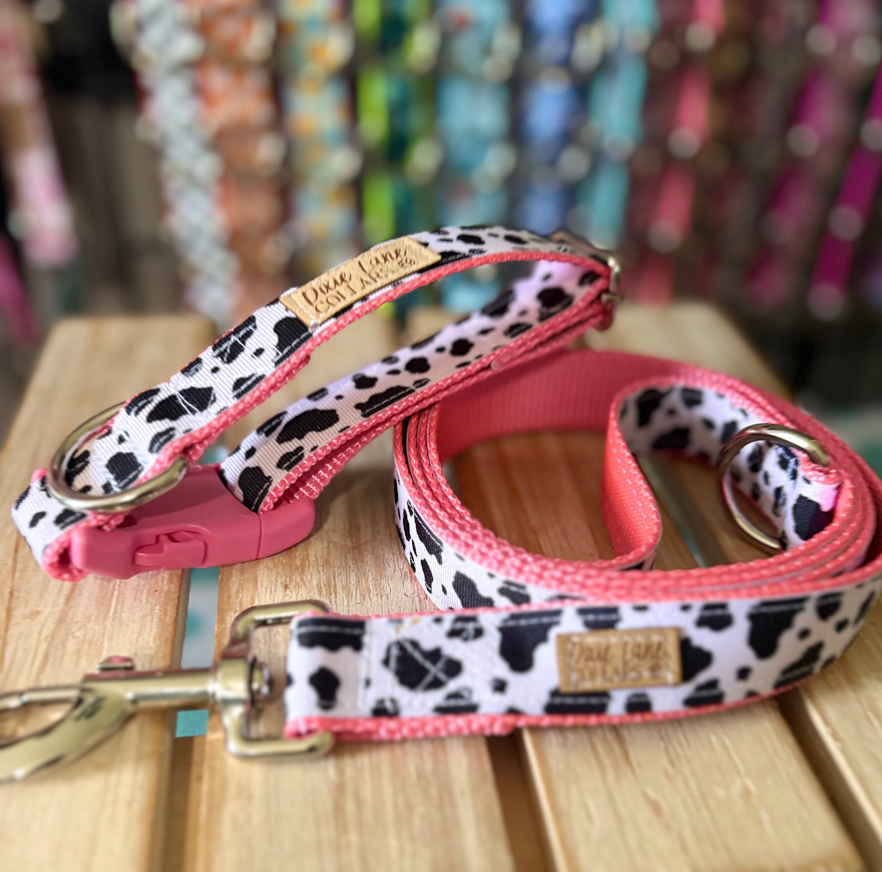 Pink Cow Print Dog Collar and Leash Set