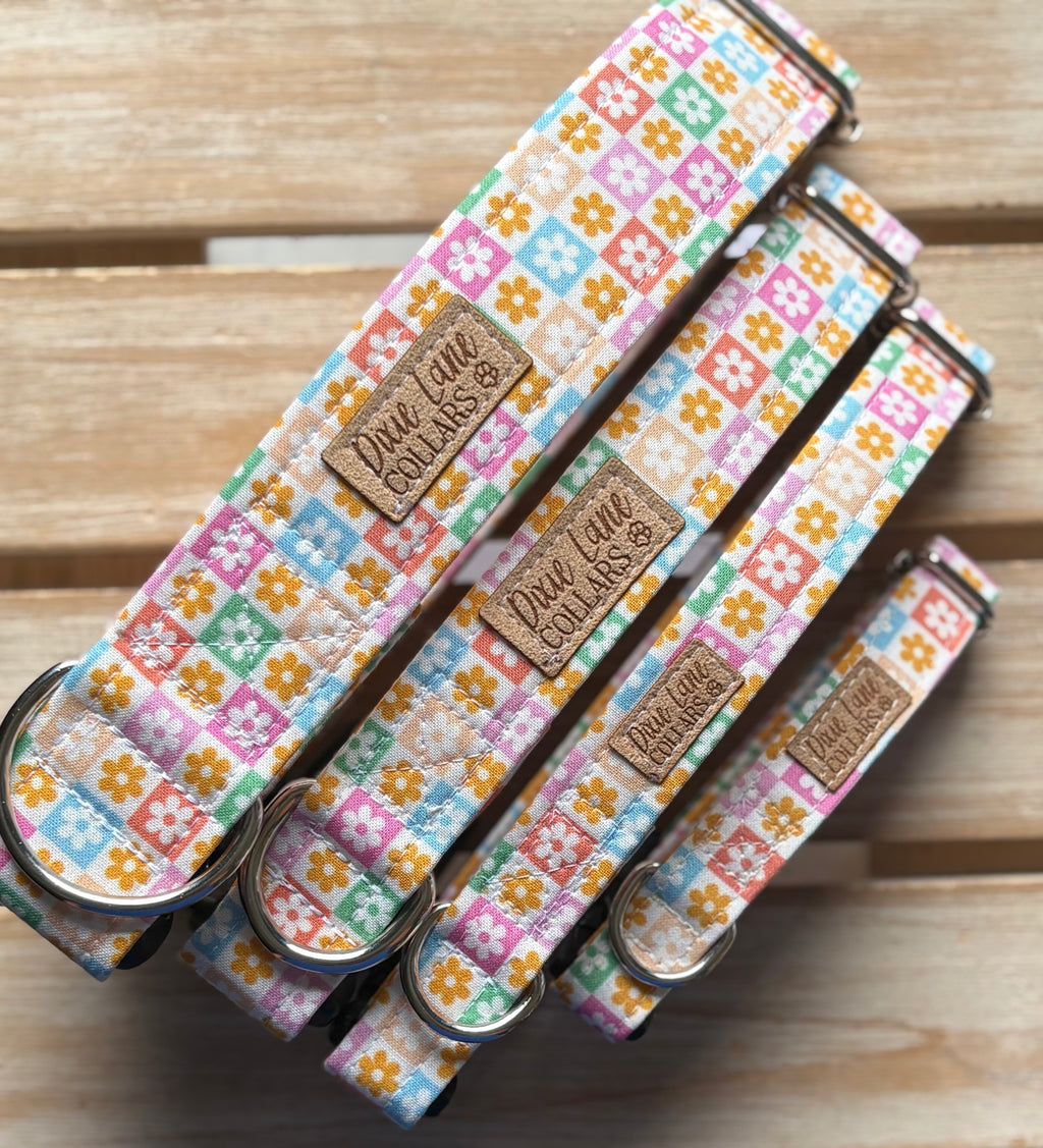 Pastel Retro Floral Checkered Dog Collar
