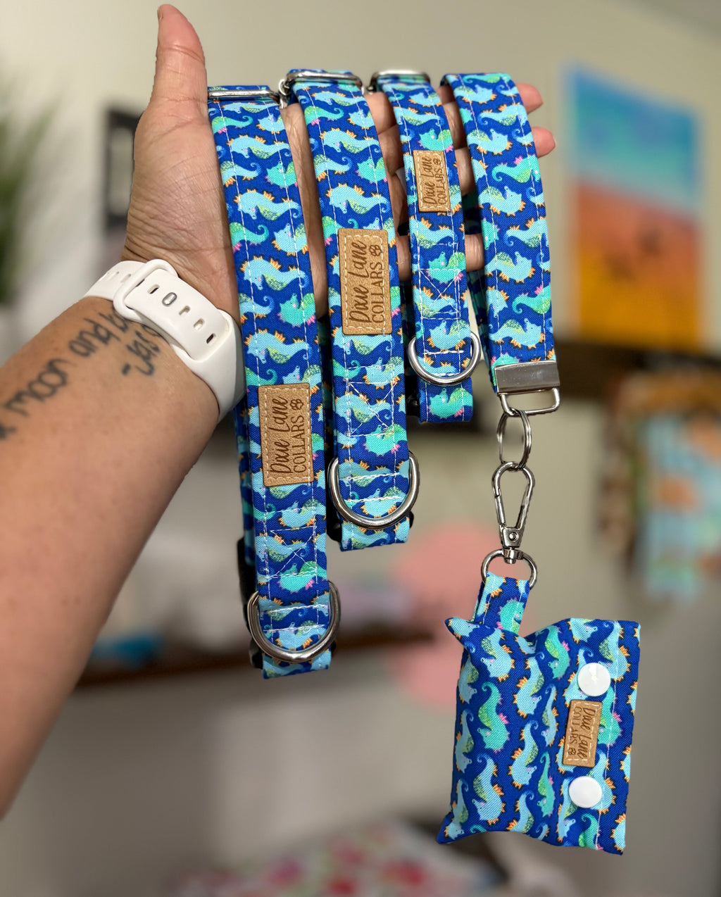 Blue Seahorses Dog Collar