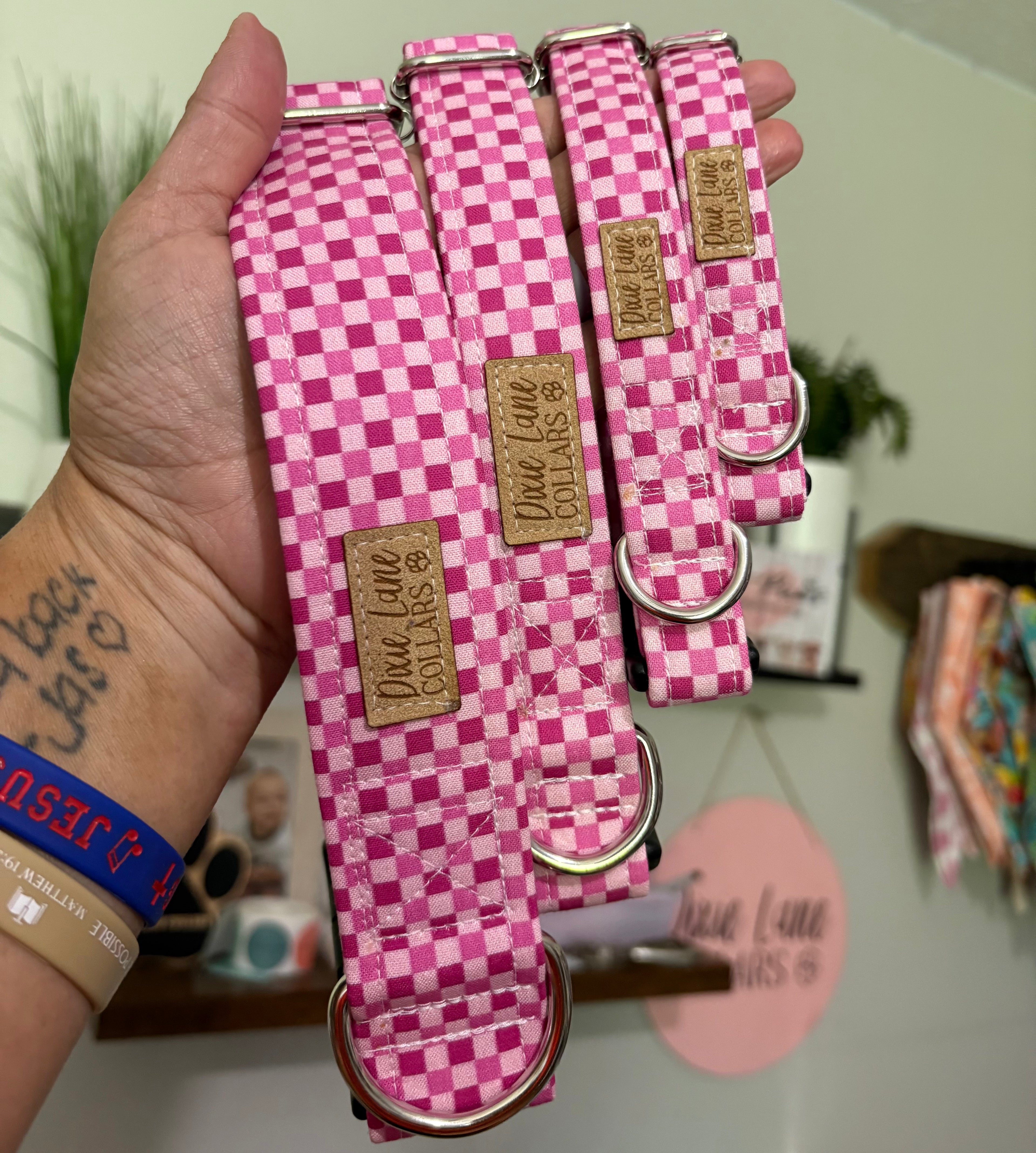 Raspberry and Pink Checkered Dog Collar