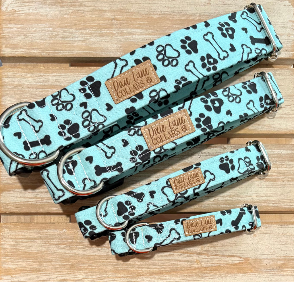 Teal Paws and Bones Dog Collar