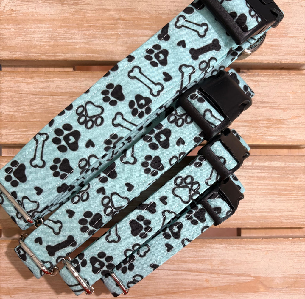 Teal Paws and Bones Dog Collar