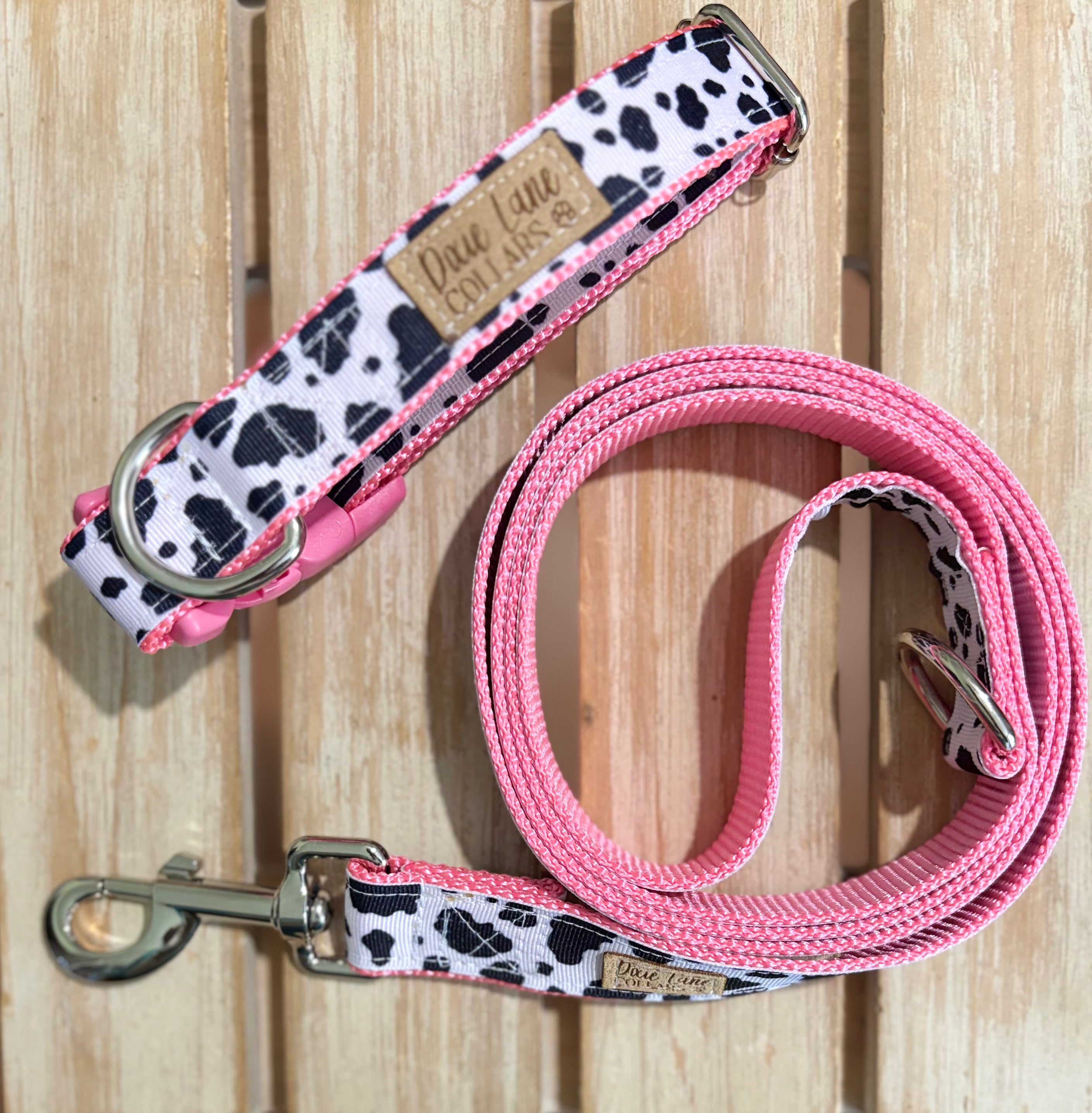 Pink Cow Print Dog Collar and Leash Set
