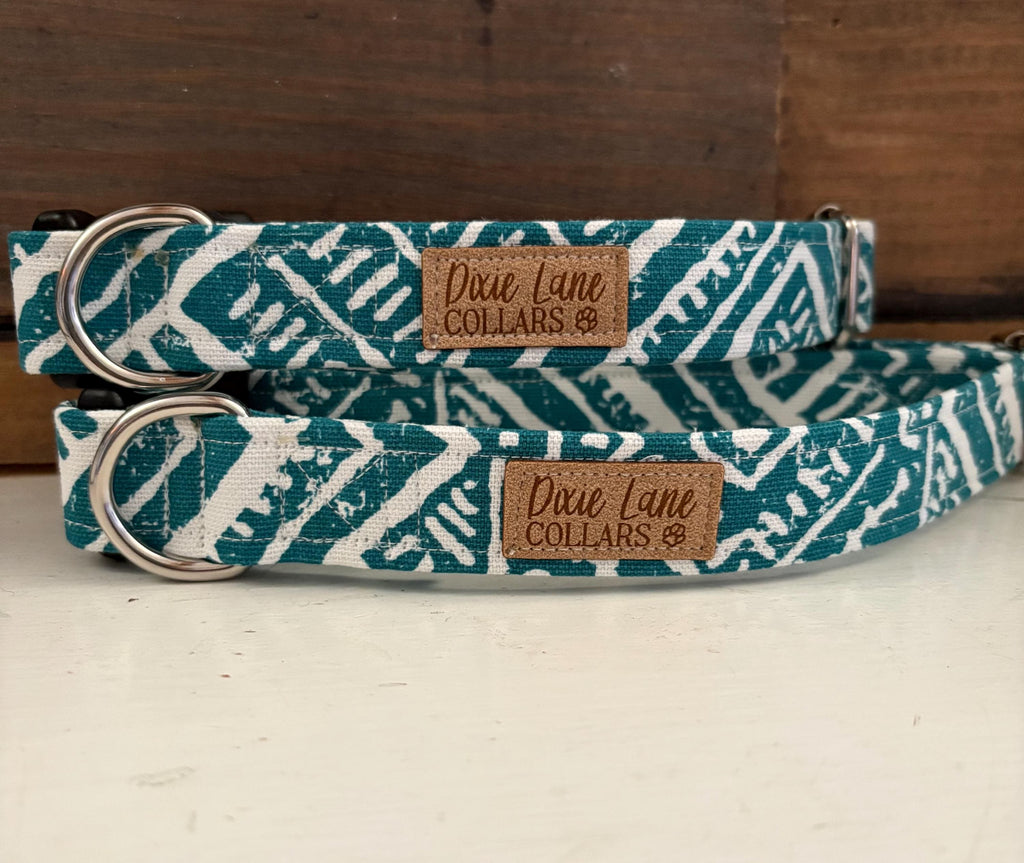 Teal Boho Aztec Dog Collar, Southwestern Tribal Pattern, Dixie Lane Collars