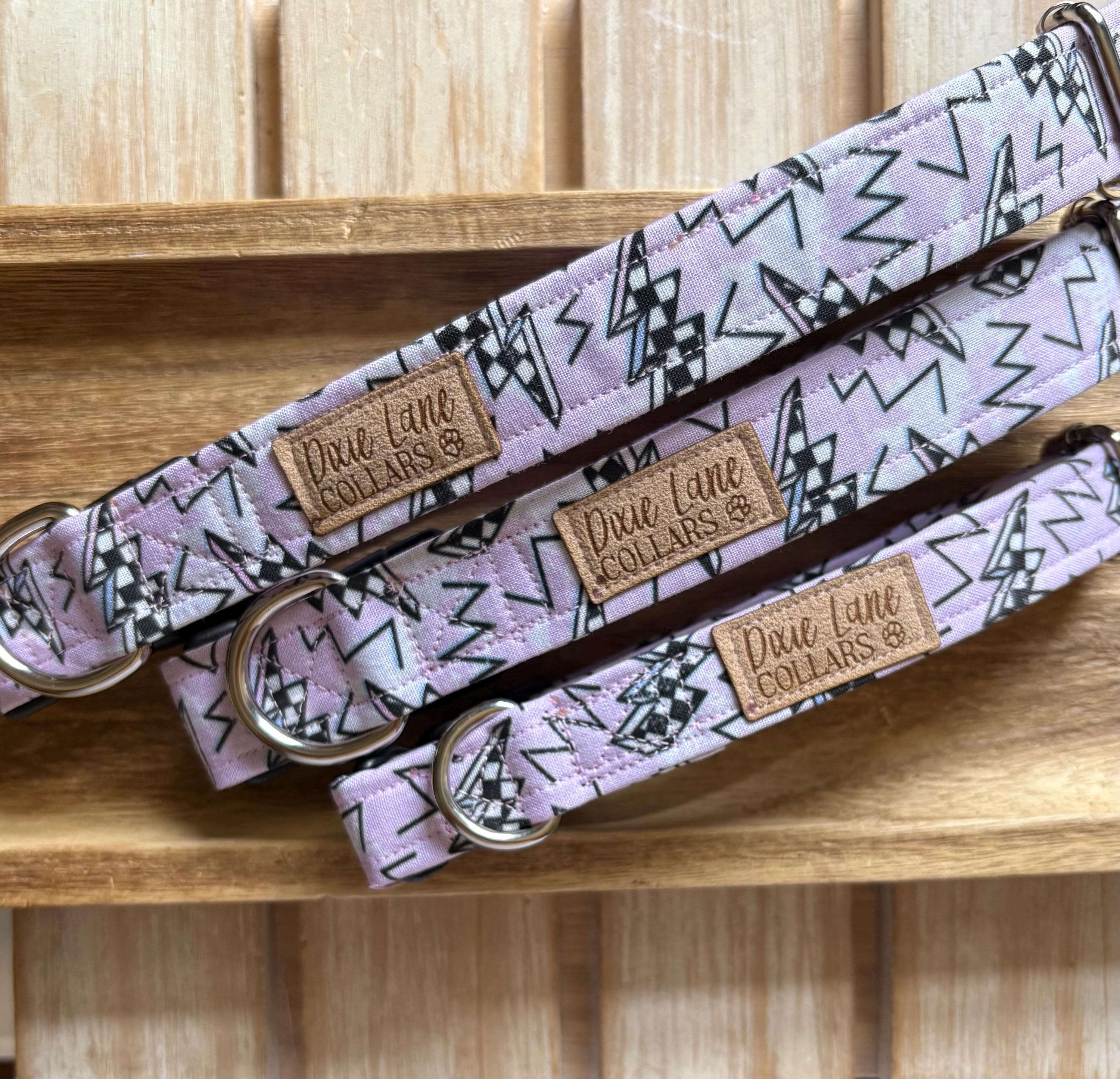 Pink Checkered Lightning Bolts Dog Collar