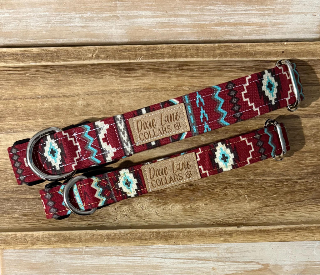 Maroon and Aqua Aztec Print Dog Collar