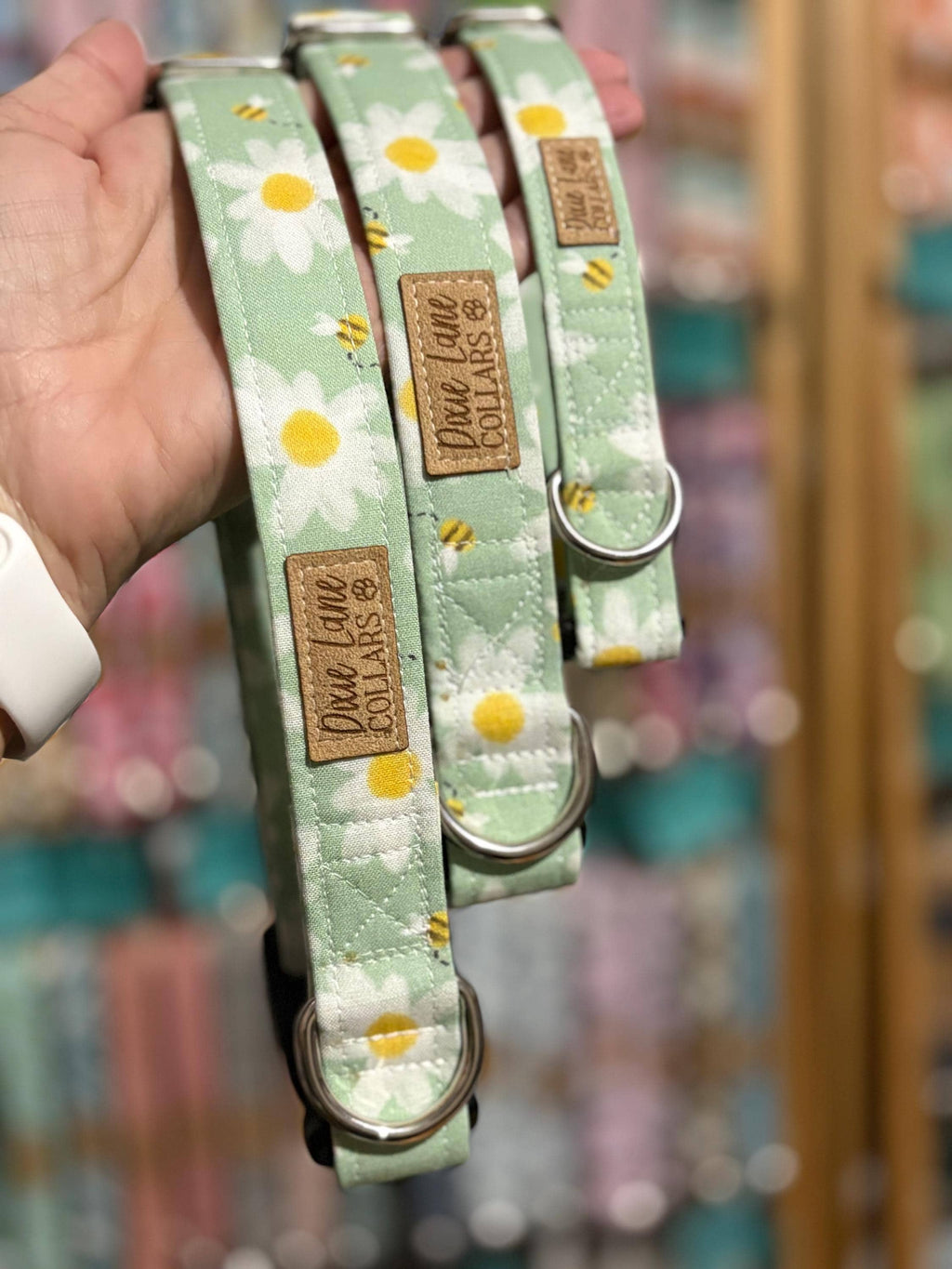 Green Daisies and Bees Dog Collar