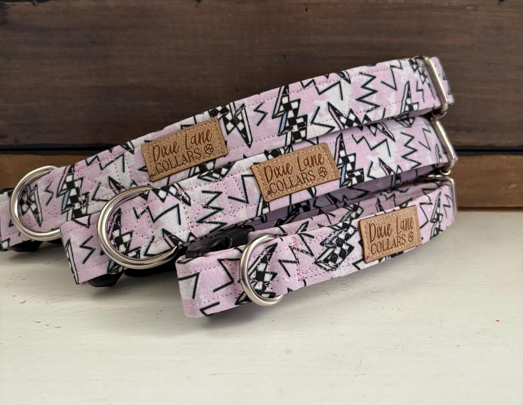 Pink Checkered Lightning Bolts Dog Collar
