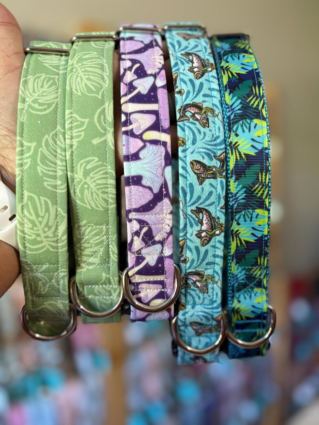Teal Green Monstera Ribbon Dog Collar
