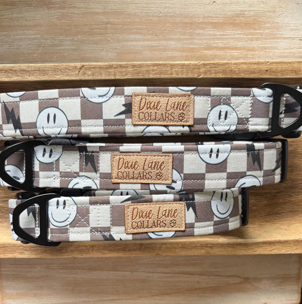 Brown Smiles Checker Dog Collar