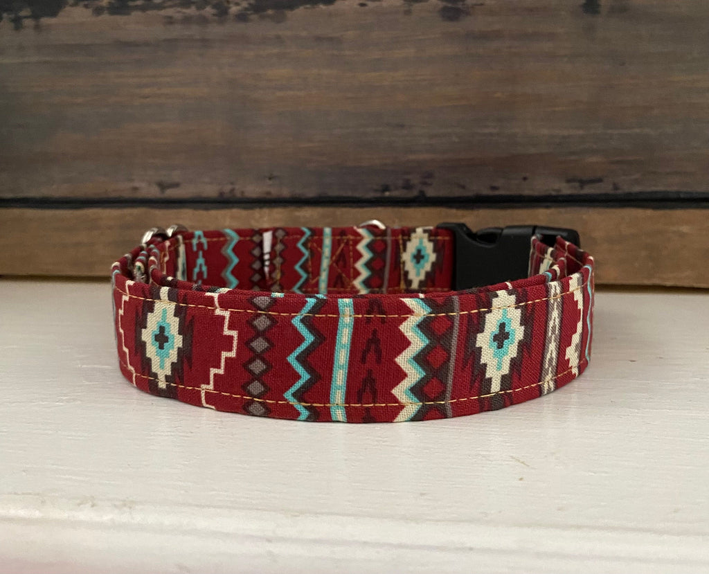 Maroon and Aqua Aztec Print Dog Collar