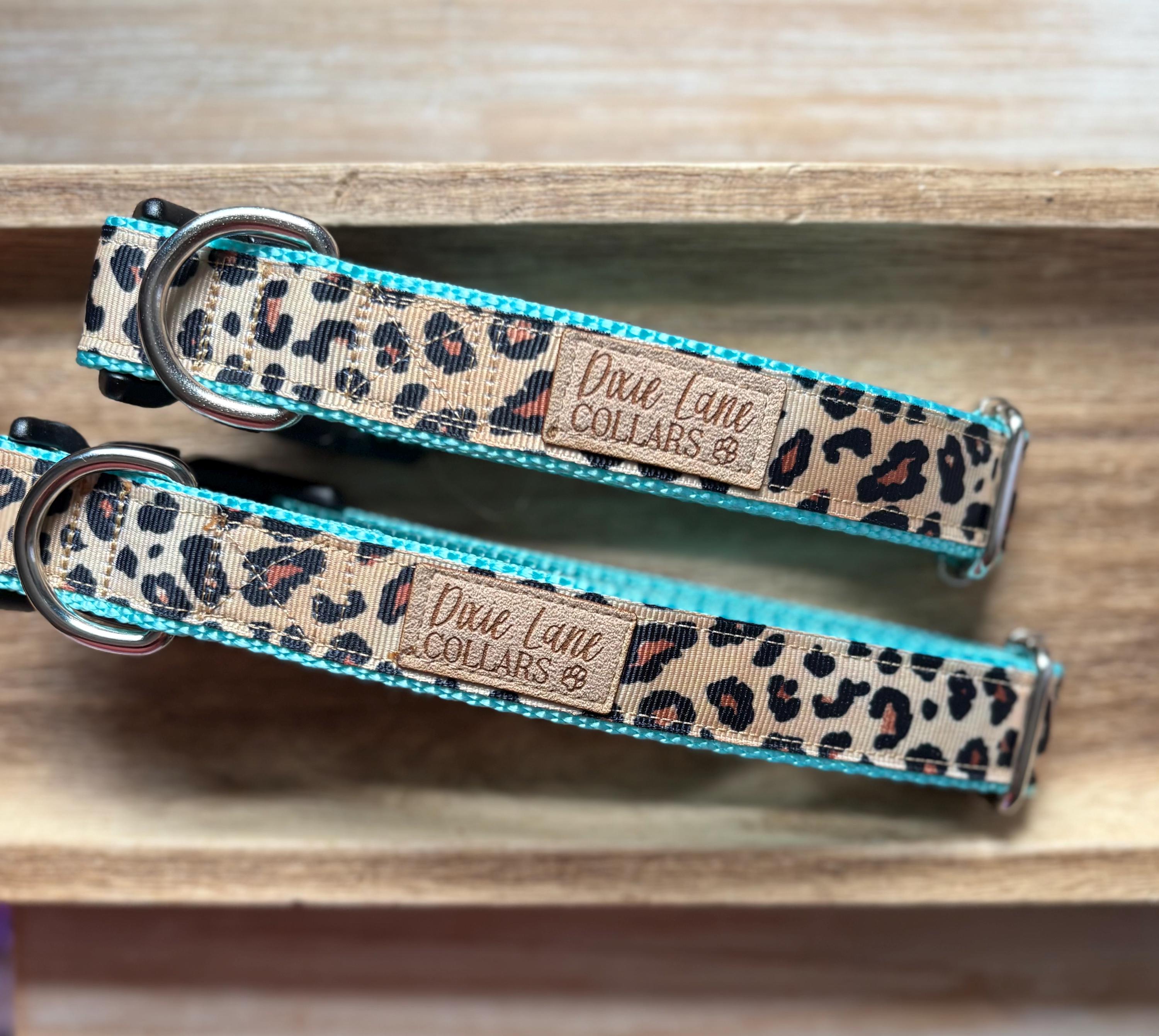 Teal Leopard Ribbon Dog Collar
