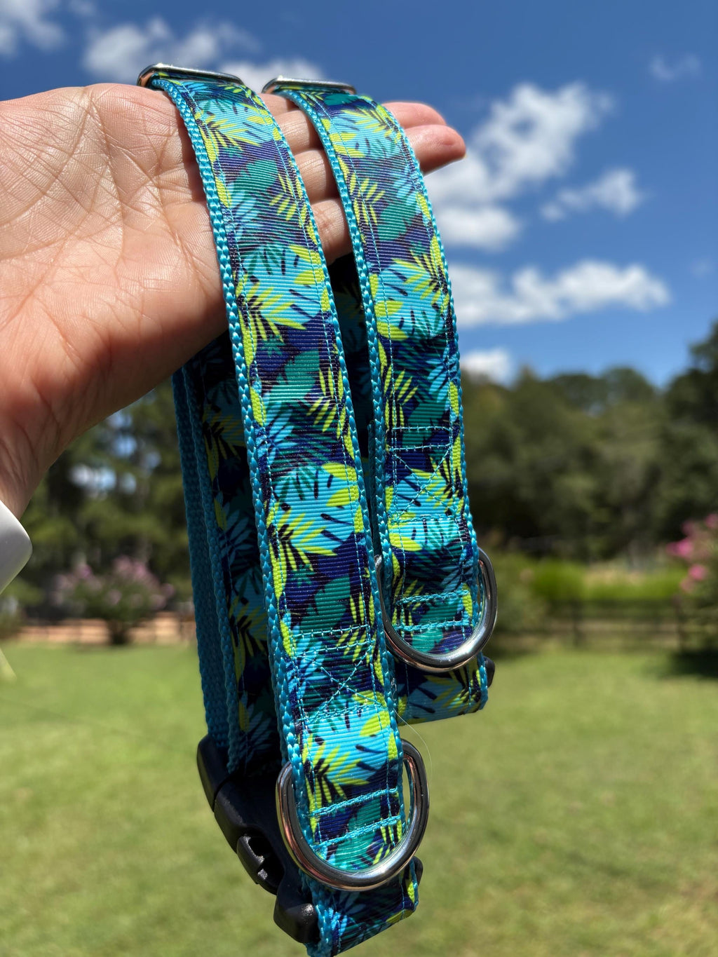 Teal Green Monstera Ribbon Dog Collar